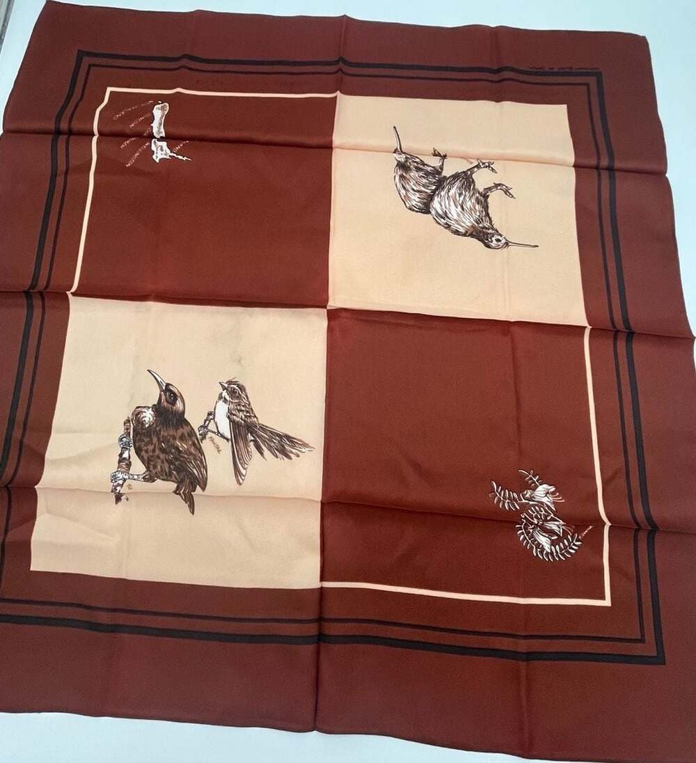Vintage 1983 New Zealand Fauna Bird Brown Navy Silk Scarf by Derek